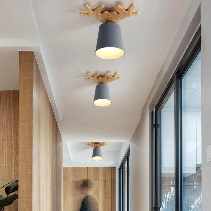 Contemporary Nordic Antler Wood Cone 1-Light Semi-Flush Mount Ceiling Light for Living Room