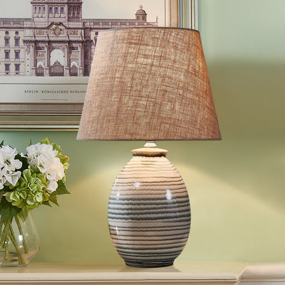 European Minimalist Oval Pot Ceramic Fabric 1-Light Table Lamp
