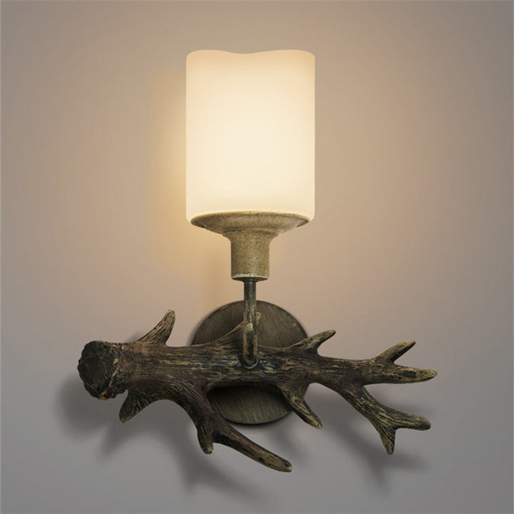 Contemporary Industrial Antler Resin Glass Cylinder 1-Light Wall Sconce Lamp For Living Room &amp; Bedroom