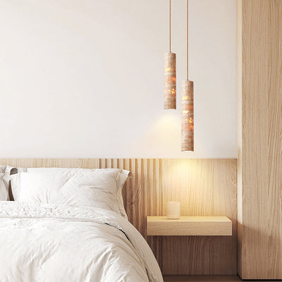 Modern Minimalist Cylindrical Natural Yellow Travertine 1-Light Pendant Light For Bedroom