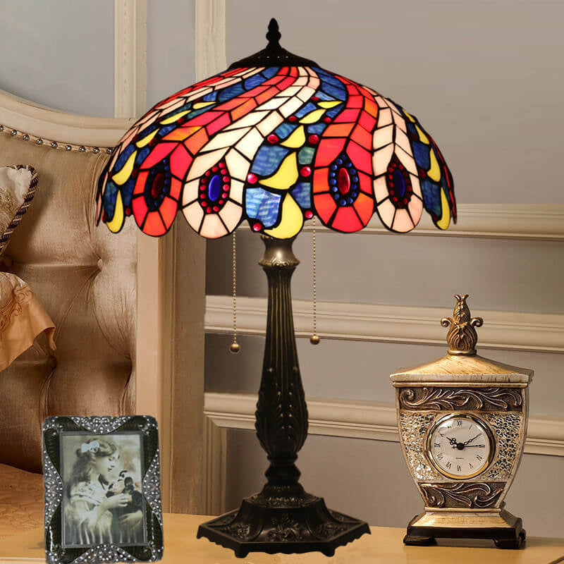 Lampe de table à 1 lumière avec motif créatif de plume de queue de paon Tiffany 