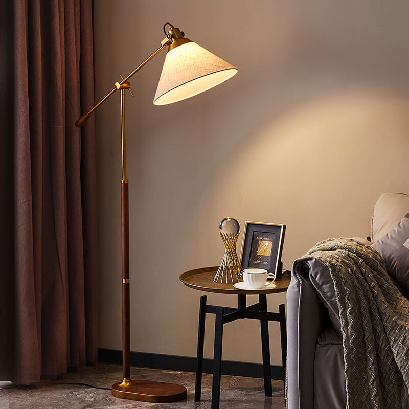 Traditional Vintage Fabric Cone Metal Ash Wood 1-Light Standing Floor Lamp For Bedroom