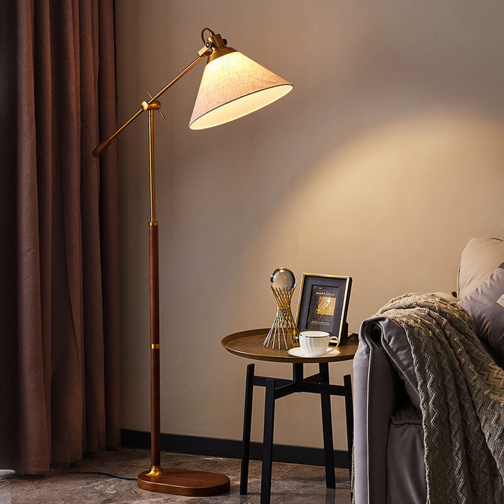Traditional Vintage Fabric Cone Metal Ash Wood 1-Light Standing Floor Lamp For Bedroom