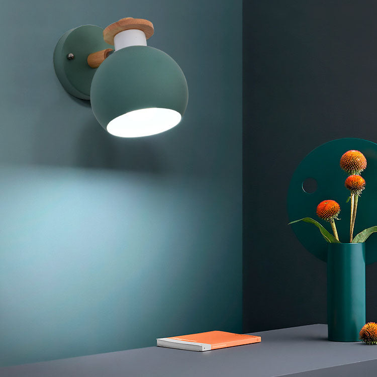 Lámpara Aplique de Pared de 1 Luz de Madera y Hierro Redondo Moderno Macaron 