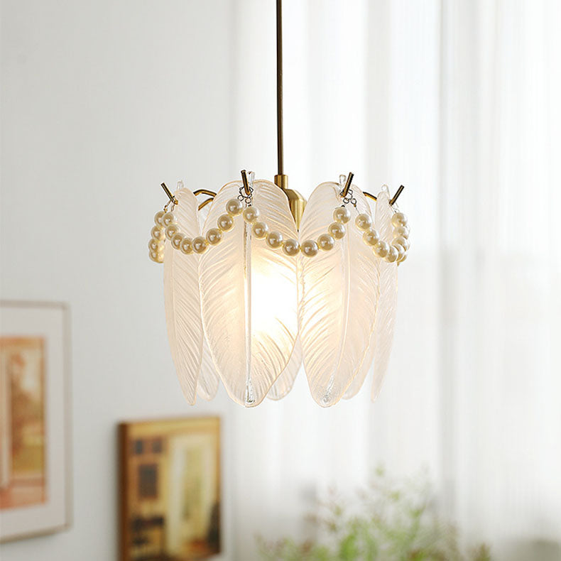 Traditional French Feather Pearl Petal Hardware Glass 1-Light Pendant Light For Bedroom