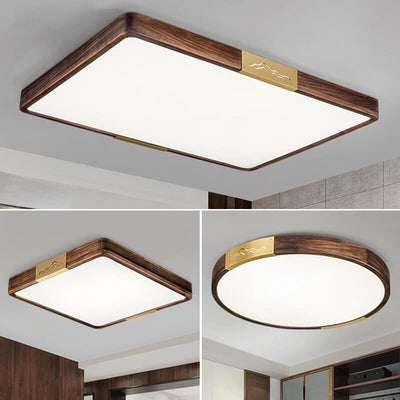 Modern Chinese Walnut Solid Wood Round Square Geometry LED Flush Mount Ceiling Light