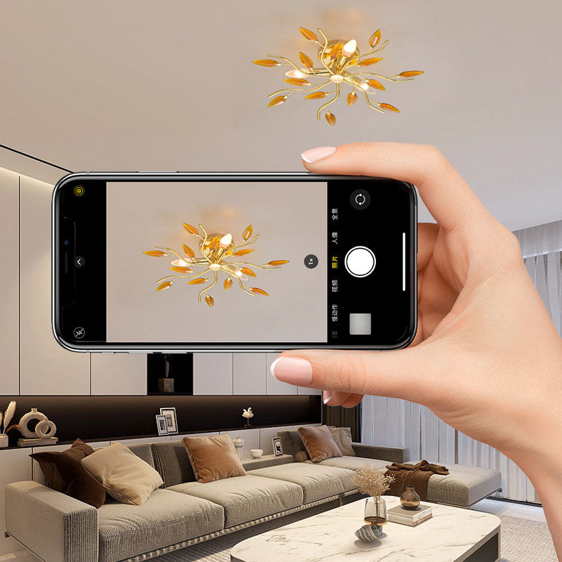 Modern  Luxury Leaves Iron Glass 3-Light Semi-Flush Mount Ceiling Light for Living Room