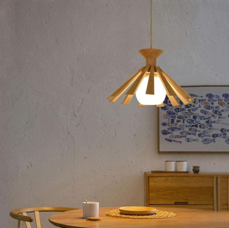 Traditional Japanese Round Wood 1-Light Pendant Light For Bedroom