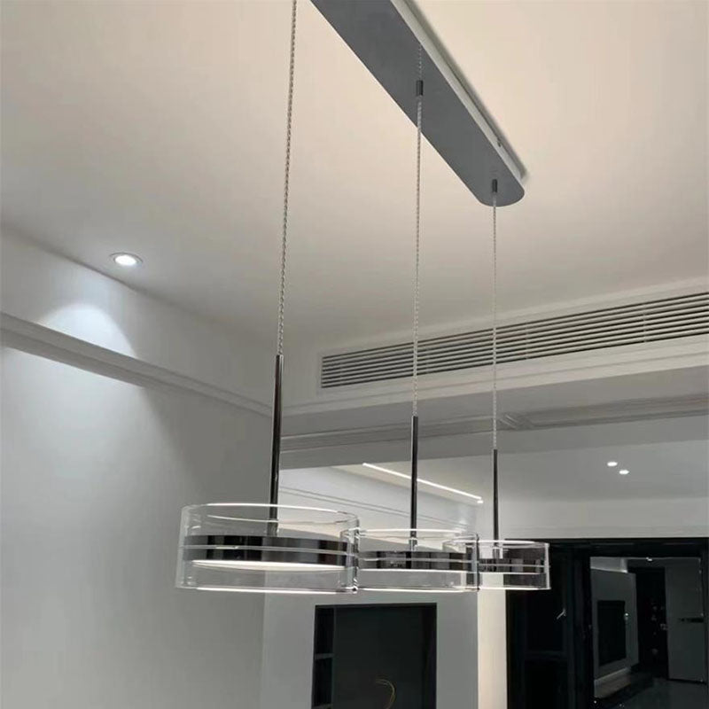 Lámpara de araña LED de isla con pantalla cilíndrica de vidrio de acero inoxidable escandinavo contemporáneo para comedor 