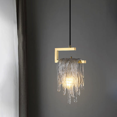 Contemporary Creative Imitation Ice Hanging Glass Tassel Design Brass Frame 1-Light Pendant Light For Living Room