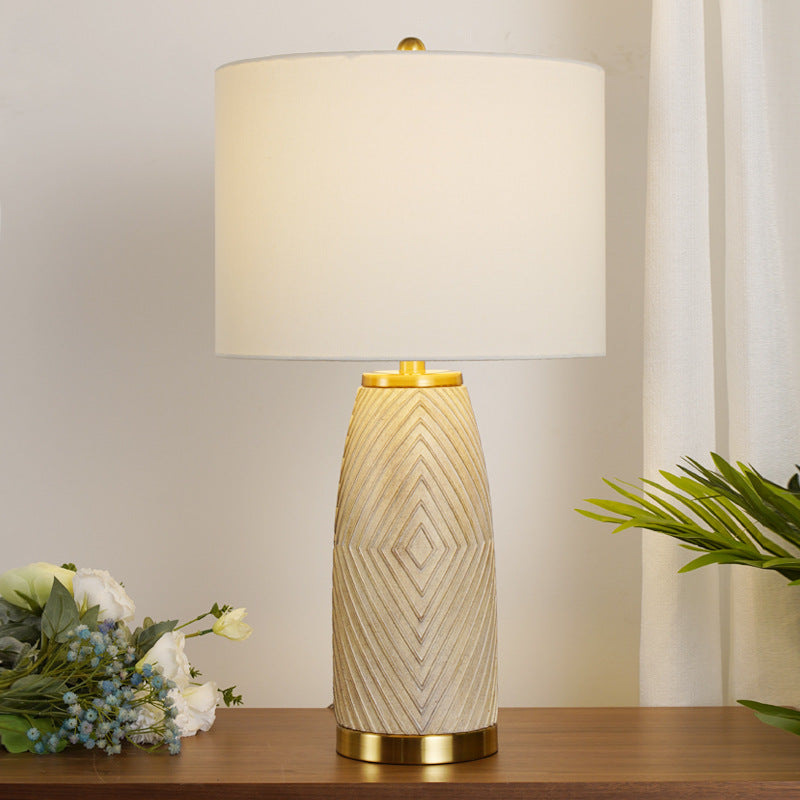 Modern Luxury Fabric Drum Resin Hardware Column 1-Light Table Lamp for Bedroom