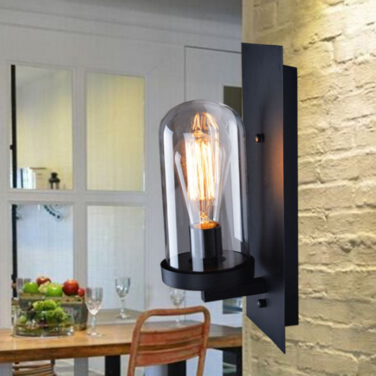 Applique Murale Rétro Minimaliste à Une Lumière avec Colonne en Verre et Plaque Carrée en Fer 