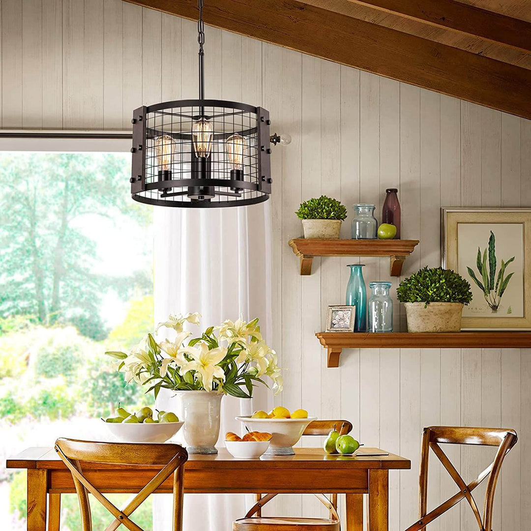 vintage atelier Industrial Vintage Iron Drum Shape 3-Light Chandelier