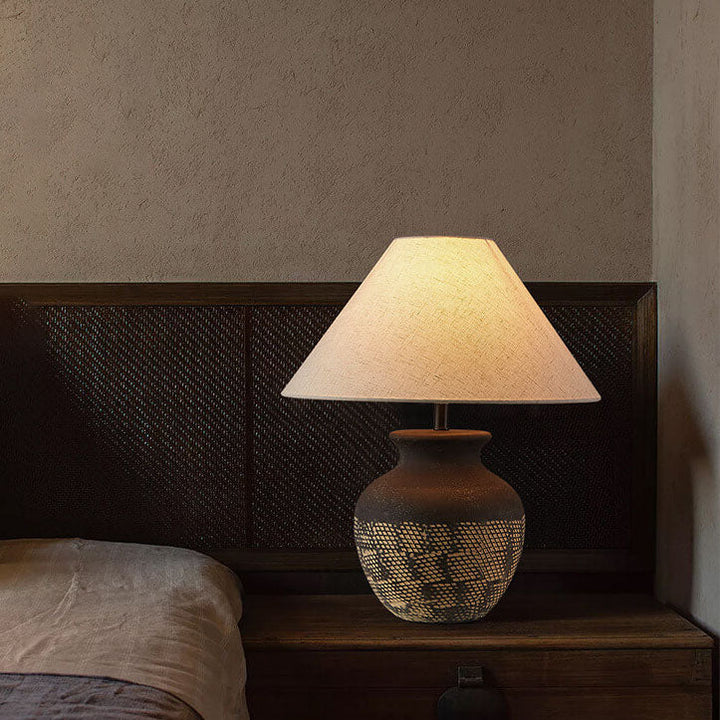 Traditionelle japanische Stoffschirm-Keramikgefäßbasis 1-Licht-Tischlampe für das Studium 