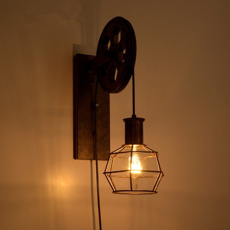 Traditional Vintage Pulley Iron Wood 1-Light Wall Sconce Lamp