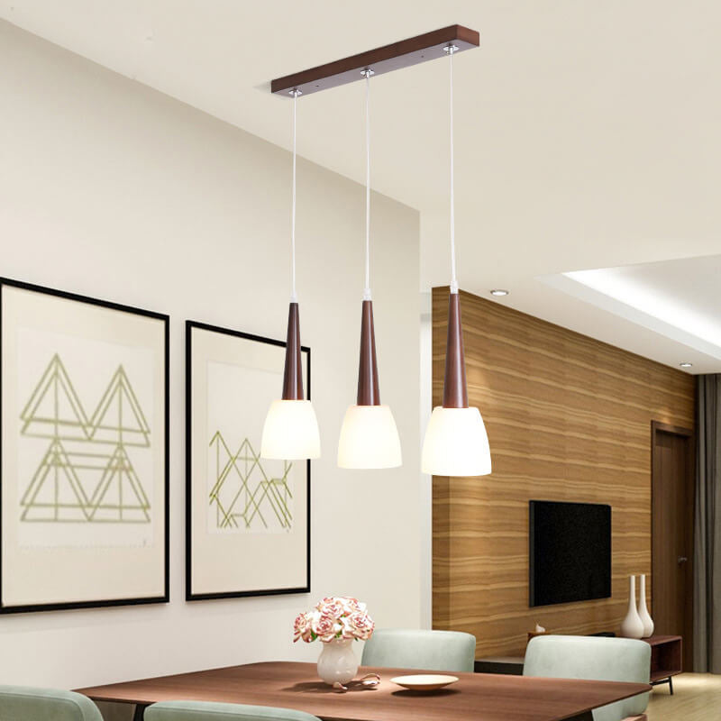 Modern Chinese Walnut Glass Shade 3-Light Chandelier