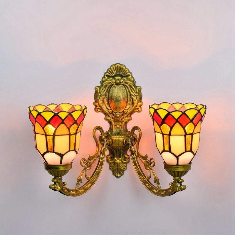 European Tiffany Stained Lattice Glass Bell Shade 2-Light Wall Sconce Lamp