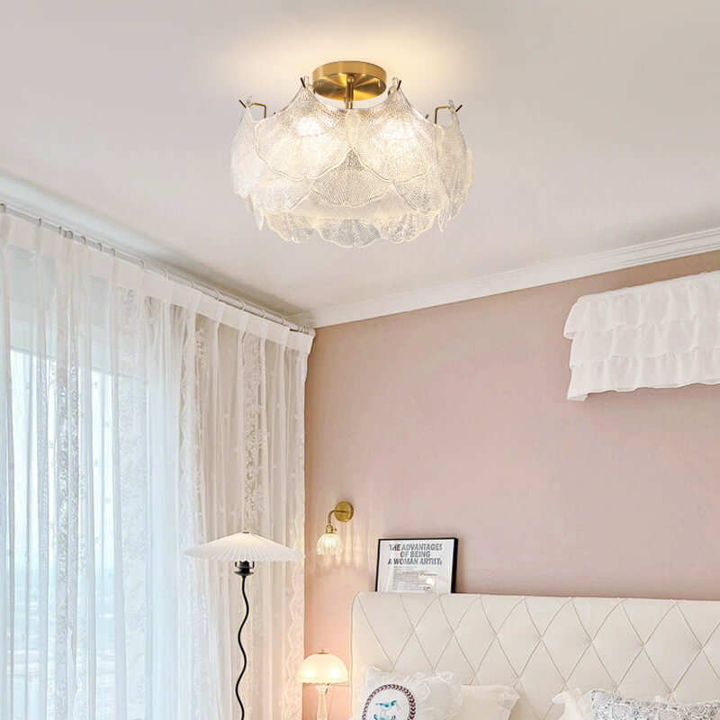 Traditionelle französische Ginkgo-Blatt-Hardware-Glas 5/8 Licht Semi-Flush-Mount-Deckenleuchte für das Wohnzimmer 