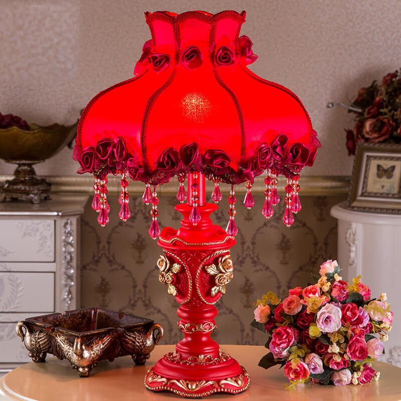 European Wedding Red Fabric Tassel Resin 1-Light Table Lamp