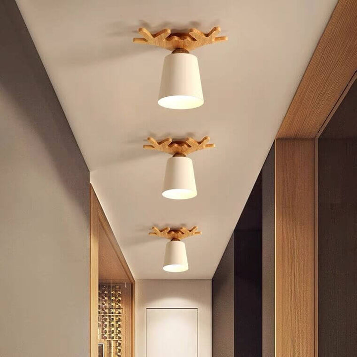 Contemporary Nordic Antler Wood Cone 1-Light Semi-Flush Mount Ceiling Light for Living Room