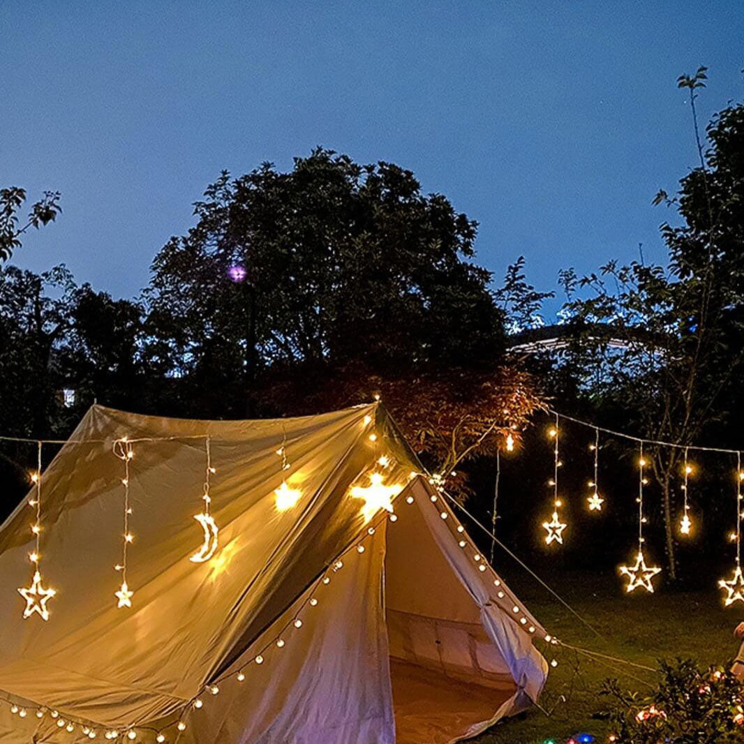 LED-Solar-Stern-Mond-Vorhang-Licht-Weihnachtsterrasse im Freien Dekorative Camping-Schnur-Lichter 