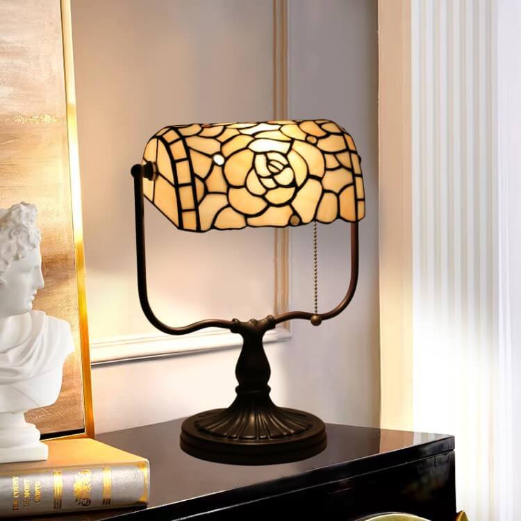 Traditional Tiffany Floral Butterfly Stained Glass 1-Light Bank Zipper Table Lamp for Bedroom