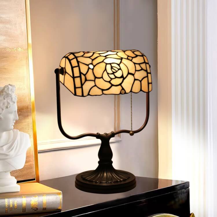 Tiffany Floral Butterfly Stained Glass 1-Light Bank Zipper Table Lamp