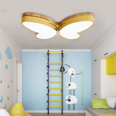 Contemporary Creative Butterfly Rubberwood Metal Acrylic LED Flush Mount Ceiling Light For Bedroom