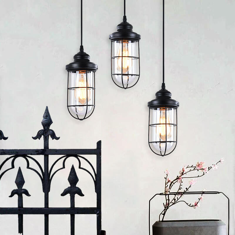 Industrial Vintage Iron Glass Cage 1-Light Pendant Light