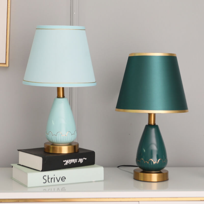 Lámpara de mesa de 1 luz con base de jarrón minimalista moderno redonda trapezoidal de cerámica, metal y tela para dormitorio 