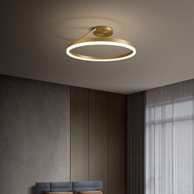 Modern Simplicity Full Copper Geometric Circle LED Semi-Flush Mount Ceiling Light For Living Room