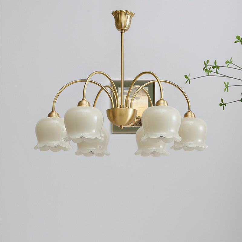 Lámpara de araña de vidrio de cobre con diseño floral crema tradicional francesa de 5/6/8 luces para sala de estar 