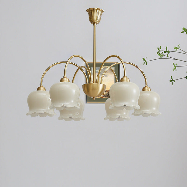 Lámpara de araña de vidrio de cobre con diseño floral crema tradicional francesa de 5/6/8 luces para sala de estar 