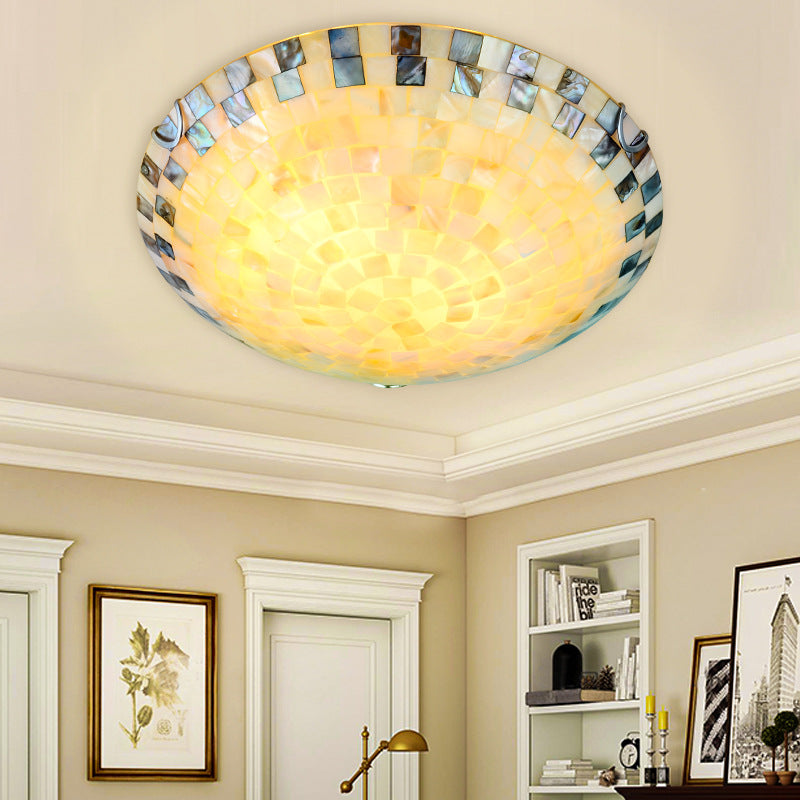 Tiffany Mediterranean Mosaic Shell Round LED Flush Mount Ceiling Light