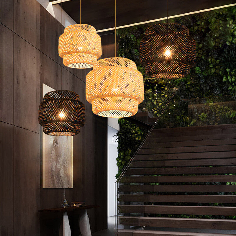 Traditional Japanese Round Bamboo Weaving Column 1-Light Pendant Light For Bedroom
