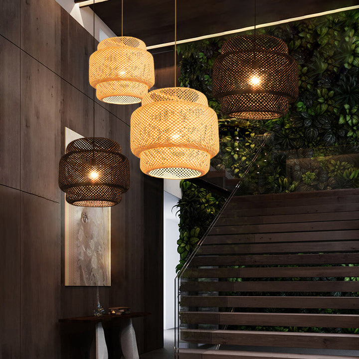 Traditional Japanese Round Bamboo Weaving Column 1-Light Pendant Light For Bedroom