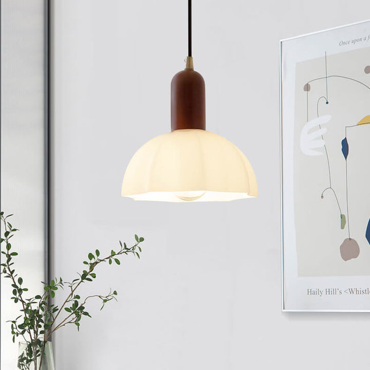 Suspension Luminaire 1 Lumière en Noyer Moderne avec Abat-Jour en Verre Vintage 