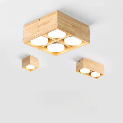 Japanese Minimalist Square Solid Wood Spotlight LED Flush Mount Ceiling Light