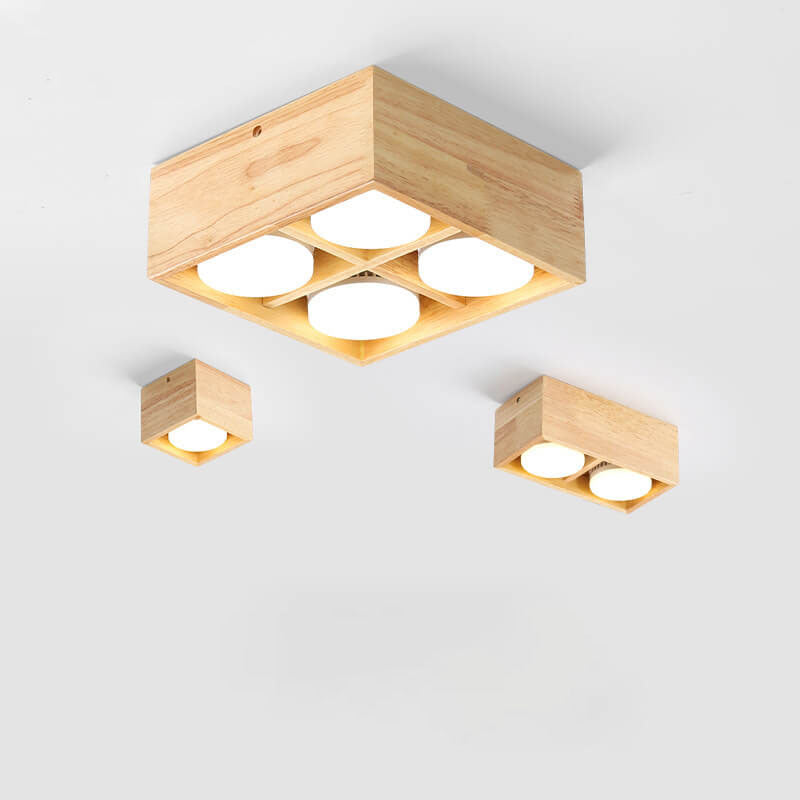 Japanese Minimalist Square Solid Wood Spotlight LED Flush Mount Ceiling Light