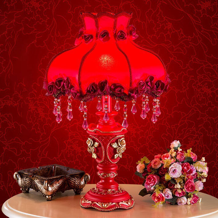 European Wedding Red Fabric Tassel Resin 1-Light Table Lamp