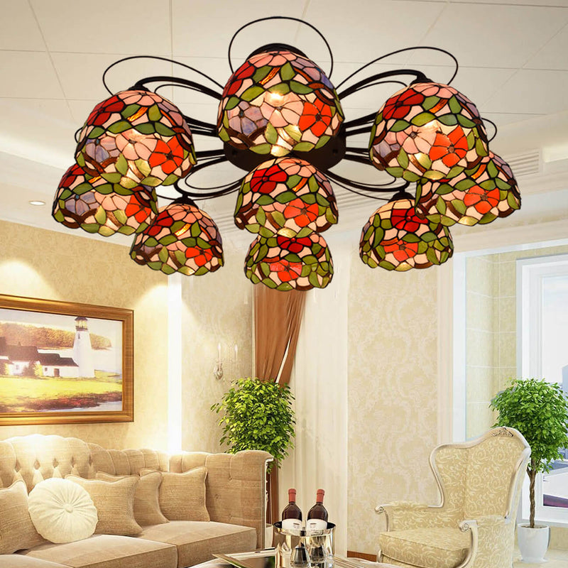 Tiffany Pastoral Morning Glory European Retro 9-Light Semi-Flush Mount Light