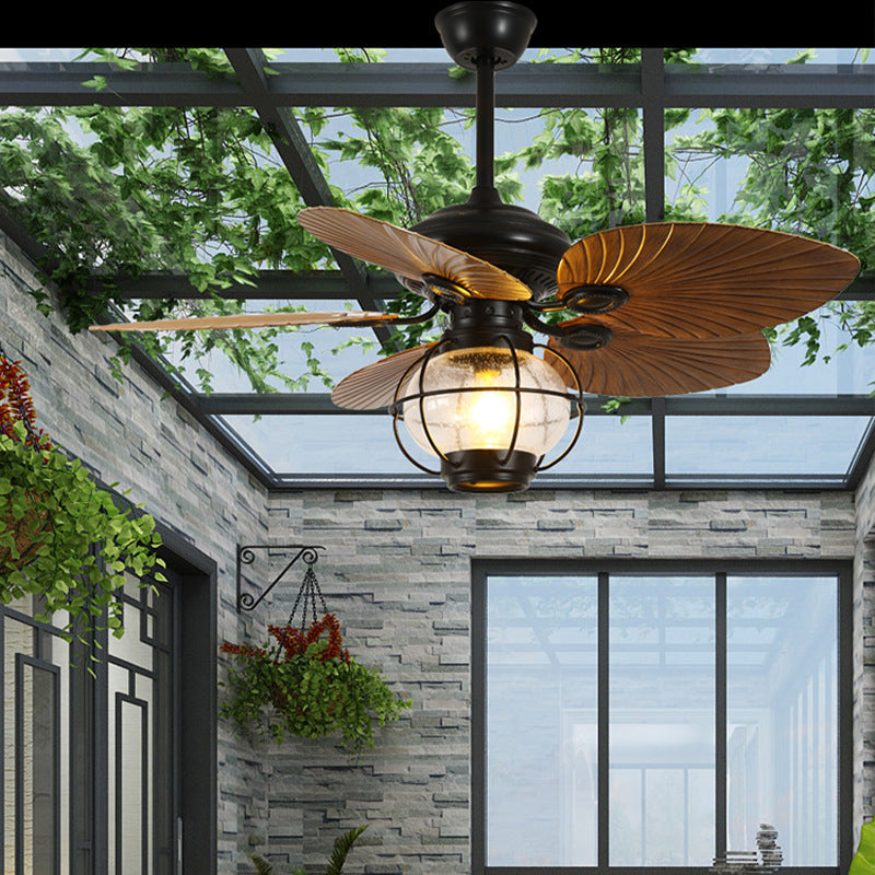 Traditional Rustic Lantern Banana Shaped Fan Leaf Iron Glass 1-Light Downrods Ceiling Fan Light For Living Room
