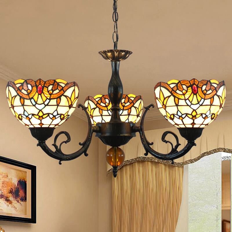 Vintage Tiffany Baroque Stained Glass 3-Light Chandelier