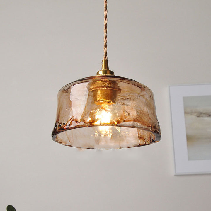 Traditional Vintage Amber Drum Round Glass Brass 1-Light Pendant Light For Living Room