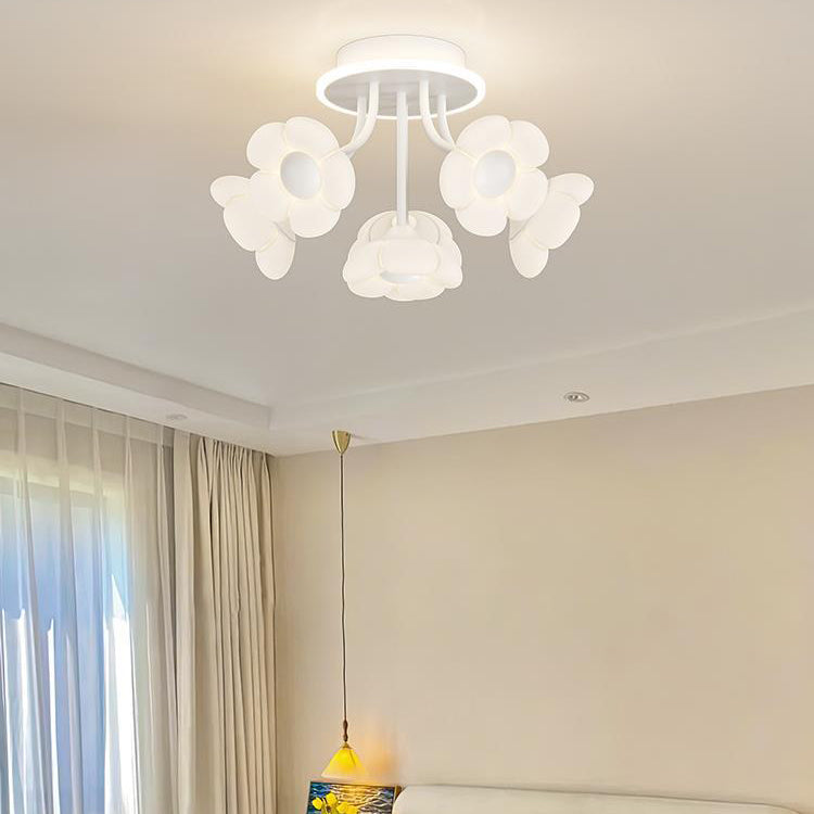 Contemporary Creative Flower PE Shade Iron Frame LED Semi-Flush Mount Ceiling Light For Bedroom