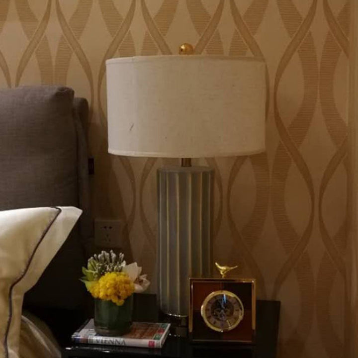 Traditional Japanese Ceramic Striped Column Fabric 1-Light Table Lamp