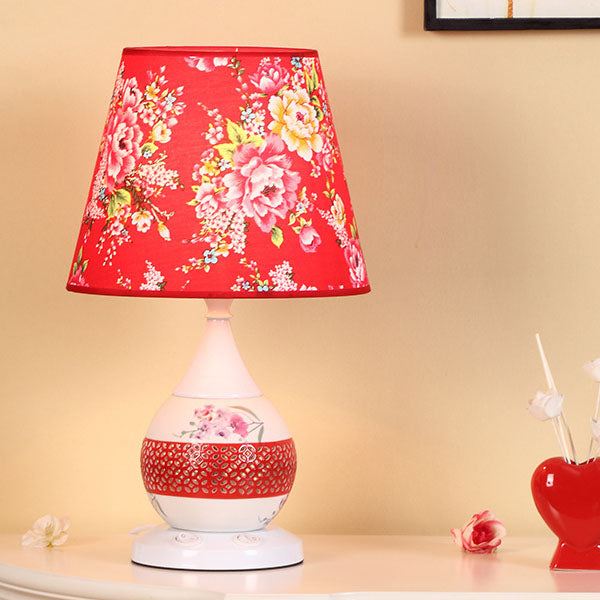 Traditional Chinese Ceramic Fabric Floral Cone 1-Light Table Lamp For Living Room &amp; Bedroom