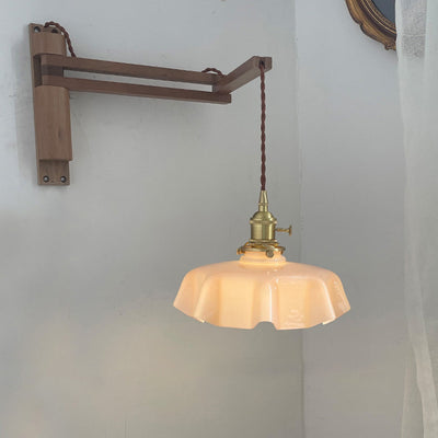 Modern Eclectic Rotatable Wooden Beam Pleated Glass Shade 1-Light Wall Sconce Lamp For Bedroom