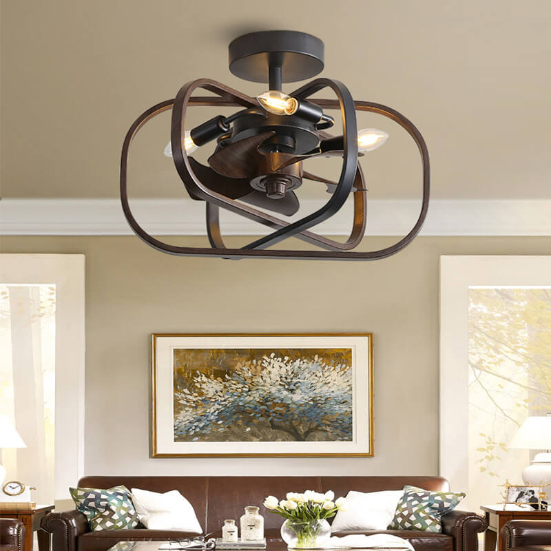 Industrial Minimalist Copper Iron Round Square 4-Light Semi-Flush Mount Ceiling Fan Light