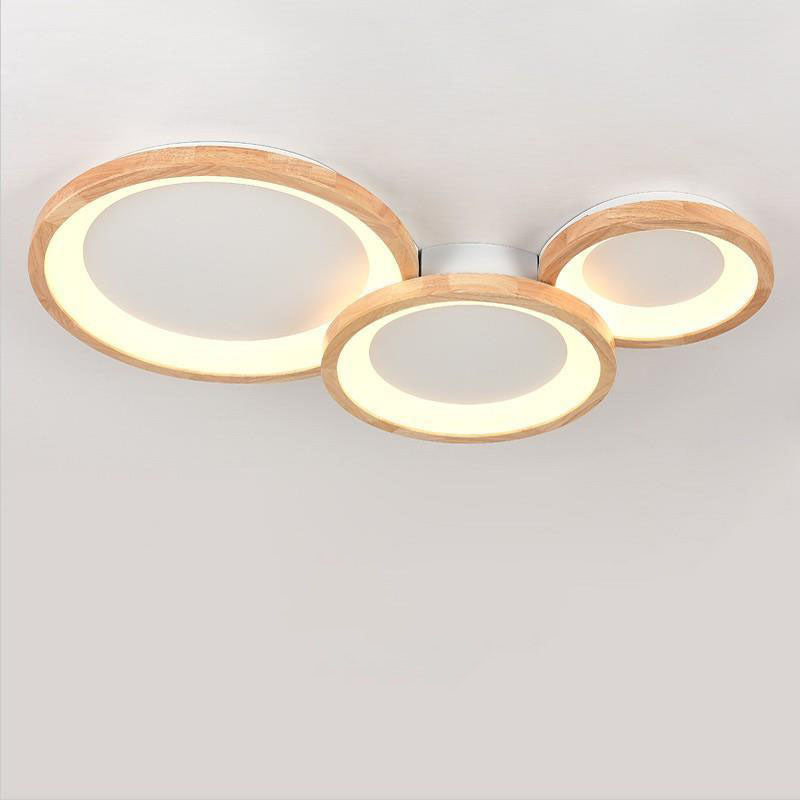 Contemporary Nordic Wood Frame Acrylic Round Shade LED Flush Mount Ceiling Light For Living Room